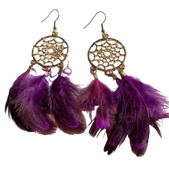 PURPLE Dreamcatcher Feather Tassel Sparkle Dangle Boho Pierced Earrings - Picture 2 of 3